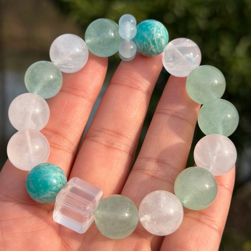 13.5mm stretchable green strawberry quartz, Amaonite, clear quartz bracelet 1103